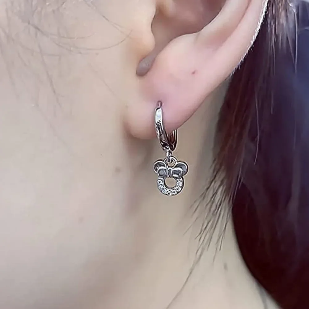 925 Sterling Silver and Diamond Cubic Zircona Minnie Mouse Hoop Huggie Earrings